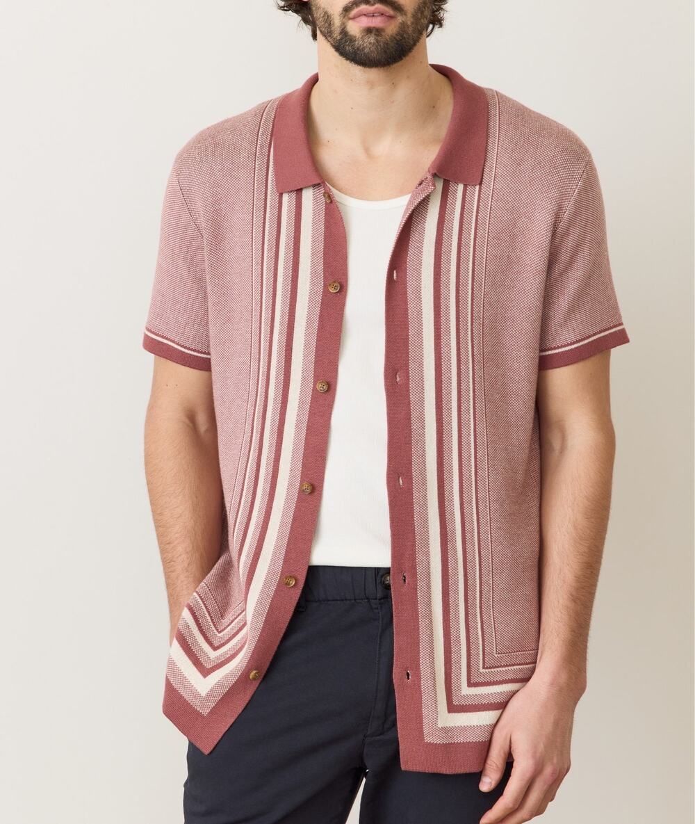 MARINE LAYER Ethan Sweater Button-Down Dusty Rose Stripe Knit | XXL